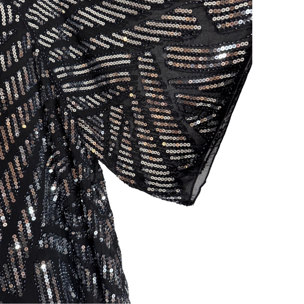 En Crème Black Sequin Top M | Sheer Chevron New Year’s Eve + Party Blouse - Picture 5 of 5
